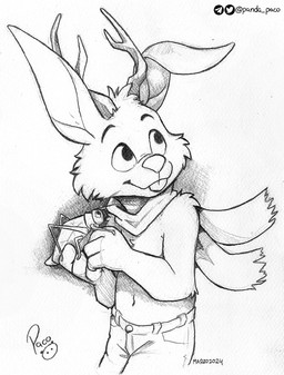 ambiguous_feral ambiguous_gender anthro antlers bottomwear cheek_tuft clothing duo facial_tuft feral floppy_ears front_view head_tuft horn logo male mouth_closed pants scarf simple_background teeth tuft young young_anthro young_male pandapaco arthropod cricket insect jackalope lagomorph mammal orthopterid 2024 artist_logo dated hi_res monochrome signature sketch