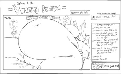 4_fingers anthro arm_tuft barely_visible_genitalia barely_visible_vulva bed belly belly_tuft big_belly big_breasts biped black_text breasts burping camera_view carrot cellphone chat chat_box count currency_symbol deep_navel dessert dipstick_ears dollar_sign doughnut ear_markings ears_up electronics ellipsis exclamation_point eyebrow_through_hair eyebrows eyelashes featureless_breasts female female_anthro fingers food front_view fur fur_tuft furniture genitals gesture giggle grabbing_sheets hair head_on_pillow heart_after_text heart_symbol huge_belly leg_tuft lidded_eyes livestream love_handles low-angle_view lying lying_on_bed motion_lines multicolored_ears navel nude nude_anthro nude_female number obese obese_anthro obese_female on_back on_bed overweight overweight_anthro overweight_female pastry phone pillow plant question_mark questioning_ellipsis rabbit_ears ring_light shoulder_tuft simple_background smartphone solo symbol talking_to_another talking_to_partner talking_to_viewer text thanking thigh_tuft three-quarter_view tilde_after_text translucent translucent_hair tuft vegetable viewer_count vulva waving weight_gain white_background white_text garuda_six disney zootopia judy_hopps european_rabbit lagomorph leporid mammal oryctolagus rabbit 2025 aliasing black_and_white digital_drawing_(artwork) digital_media_(artwork) english_description english_text hatching_(art) monochrome portrait shaded three-quarter_portrait