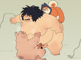 5_fingers 5_toes anal anal_penetration anthro anthro_penetrating anthro_penetrating_human areola balls belly bent_over big_belly big_ears big_moobs big_penis big_tail black_hair black_nose blush bodily_fluids brown_foreskin brown_glans butt clenched_teeth clothing curled_tail darkened_balls darkened_genitalia darkened_penis dot_eyes erection eyes_closed feet fingers flaccid flaccid_while_penetrated foot_on_butt foreskin from_behind_position frown fur genitals glans grass grey_background group hair headgear headgear_only headwear headwear_only huge_belly human_on_anthro human_penetrated humanoid_genitalia humanoid_penis interspecies light_balls light_body light_penis light_skin long_hair male male/male male_penetrated male_penetrating male_penetrating_male monotone_body monotone_skin moob_grab moobs mostly_nude multicolored_body multicolored_fur nipples nude obscured_anal obscured_penetration on_another open_frown open_mouth orange_body orange_fur overweight overweight_anthro overweight_human overweight_male partially_retracted_foreskin penetration penile penile_penetration penis penis_size_difference perching_position pink_areola pink_body pink_ears pink_inner_ear pink_nipples pink_penis pink_skin pink_snout plant sex simple_background simple_eyes sitting size_difference small_penis small_tail sweat sweaty_arms sweaty_belly sweaty_body sweaty_skin tail tan_body tan_skin teeth thick_penis thick_thighs toes trio two_tone_body two_tone_fur two_tone_tail unretracted_foreskin vein wide_eyed wide_hips quanjiang dragon_ball oolong_(dragon_ball) shu_(dragon_ball) yajirobe canid canine canis domestic_dog domestic_pig human mammal shiba_inu spitz suid suine sus_(pig) 2026 colored digital_drawing_(artwork) digital_media_(artwork) flat_colors full_version_at_paywall shaded