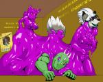 anthro assimilation curvy_figure female group latex merging slime spiral_eyes text voluptuous cplk canid canine canis fox goo_creature lizard mammal reptile scalie wolf english_text