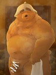 0ottotto0 2024 absurd_res anthro balls bear belly big_belly black_nose censored clothing eyes_closed genitals hat headgear headwear hi_res ineffective_censorship kemono male mammal moobs navel nipples overweight overweight_male penis solo steam towel