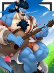 anthro blue_body blue_hair blue_scales blue_sky body_hair bottomwear chest_hair clothed clothing cloud ear_piercing ear_ring facial_hair footwear goatee grass hair horn humanoid_pointy_ears loincloth lute male meadow muscular muscular_male muscular_thighs musical_instrument nipple_slip on_rock one_eye_closed open_clothing open_shirt open_topwear pecs petals piercing plant playing_music plucked_string_instrument pointy_ears ponytail red_eyes ring_piercing rock sandals scales shirt shoes side_view sideburns sitting sitting_on_rock sky solo string_instrument tail tan_body tan_scales topwear gao_xio anothereidos_of_dragon_vein_r mythology folker_(anothereidos_r) dragon mythological_creature mythological_scalie scalie 3:4 absurd_res hi_res