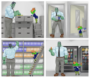 accessory binder_(object) clothed clothing duo female filing_cabinet footwear hair hair_bun high_heels humanoid_pointy_ears ladder machine male muscular muscular_humanoid muscular_male necktie not_furry pointy_ears shoes shortstack size_difference step_ladder vending_machine mario-grant ms._nasbh'ke_(mario-grant) goblin humanoid orc 2025 comic hi_res