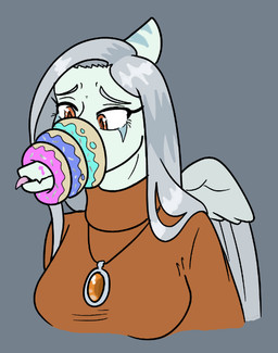 amber_(gem) amber_(material) amber_eyes anthro blue_body bone_frill breasts brown_clothing brown_sweater brown_topwear clothed clothed_anthro clothed_female clothing cross-eyed dessert doughnut feathered_wings feathers female food frill_(anatomy) front_view grey_background grey_body grey_feathers grey_hair hair humor jewelry long_hair markings medium_breasts necklace non-mammal_breasts pastry simple_background solo striped_markings stripes sweater tongue tongue_out topwear wings purplekatsnek goodbye_volcano_high ko_op_(game_developer) fang_(gvh) prehistoric_species pterosaur reptile scalie bust_portrait colored portrait