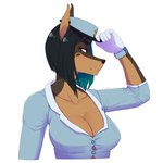 1:1 2021 absurd_res anthro big_breasts black_hair blouse breasts canid canine canis clothed clothing conditional_dnp cropped_ears digital_media_(artwork) dobermann domestic_dog ear_piercing female fur gloves hair handwear hi_res looking_at_viewer mammal multicolored_body nikoyishi noah_(nikoyishi) open_blouse open_clothing open_topwear piercing pinscher police police_hat police_uniform shaded shirt simple_background smile solo sticker topwear turquoise_hair two_tone_body uniform