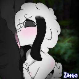 anthro areola bite_mark bite_mark_on_shoulder black_ears blush breasts duo eyes_closed fellatio female fur hair male male/female medium_breasts nipples nude oral penile pink_areola pink_nipples scut_tail sex short_tail side_view standing tail text white_body white_fur white_hair white_tail white_wool wool_(fur) zatira bovid caprine domestic_sheep mammal sheep 1:1 2024 english_text hi_res signature