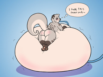 3_toes 4_fingers air_inflation anthro belly big_belly big_breasts blue_background blush breasts brown_eyes brown_nose butt eyebrows feet female fingers fur gloves_(marking) grey_body grey_fur hose hose_inflation huge_belly huge_breasts hyper hyper_belly hyper_inflation immobile inflation leg_markings lying lying_on_self markings multicolored_body multicolored_fur on_front pawpads pink_pawpads simple_background socks_(marking) solo tail text toes white_eyebrows alvro mammal mustelid otter 2026 4:3 english_text hi_res