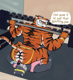 accessory anal anthro anus barbell barbell_squats bodily_fluids butt clock clothing crouching detailed_anus duo exercise facesitting fangs gym headband jockstrap licking looking_pleasured male male/male muscular muscular_male oral puffy_anus rear_view rimming sex sexercise shirt sitting_on_another speech_bubble spread_butt spreading squats stripes sweat sweatdrop tank_top teasing teeth text tongue tongue_out topwear underwear watch weightlifting workout scruffymusk rosco_(scruffymusk) canid canine canis felid mammal pantherine prehistoric_species saber-toothed_tiger tiger wolf english_text hi_res