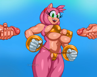 accessory anthro big_breasts big_penis bikini bikini_thong blue_background bodily_fluids bracelet breasts bukkake camel_toe clothing clothing_pull cum eyelashes female genital_fluids genitals gloves gold_bikini green_eyes group hair_accessory hairband handwear jewelry male male/female masturbation penis pink_body simple_background smile string_bikini swimwear tan_body tan_skin trio two-piece_swimsuit underwear underwear_pull vulva conturagray sega sonic_the_hedgehog_(series) amy_rose eulipotyphlan hedgehog human mammal hi_res