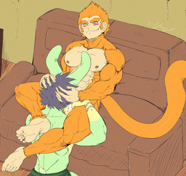 anthro blue_hair blue_stripes bodily_fluids clothing cum duo feet fur furniture genital_fluids green_body green_fur hair hand_behind_head head_grab head_in_crotch male male/male muscular muscular_male oral orange_body orange_fur sofa stripes underwear insaneeighteen dylan_(bananapunch) xand_(insaneeighteen) haplorhine humanoid lagomorph leporid mammal monkey primate rabbit hi_res