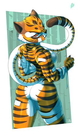 anthro areola band-aid bandage big_breasts big_butt black_nose breasts brown_stripes butt colored_nails eyelashes female fur grey_nails long_tail looking_at_viewer looking_back looking_back_at_viewer muscular muscular_female nails nipples nude orange_body orange_fur pink_areola pink_nipples pupils red_eyes slit_pupils solo stripes tail thick_thighs white_body white_fur wide_hips yellow_sclera hiliwd dreamworks kung_fu_panda master_tigress felid mammal pantherine tiger absurd_res hi_res