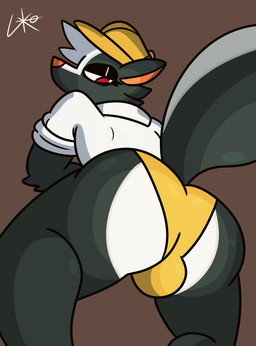 all_fours anthro bedroom_eyes big_butt biped blue_body blue_fur bulge bulge_from_behind butt butt_focus clothing fur hat headgear headwear low-angle_view male male_anthro narrowed_eyes presenting presenting_hindquarters rear_view red_eyes seductive shirt solo thong topwear underwear white_body white_fur lilith-ko animal_crossing nintendo kicks_(animal_crossing) mammal mephitid skunk absurd_res hi_res