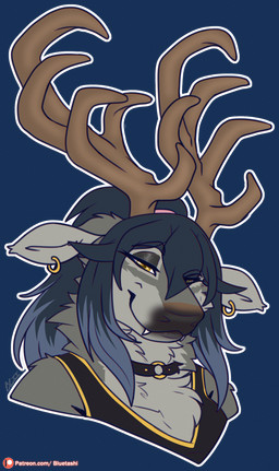 anthro antlers blue_hair chest_tuft clothing collar countershading ear_piercing ear_ring eyelashes eyeshadow fangs female fur grey_body grey_fur hair highlights_(coloring) horn jewelry makeup piercing ponytail ring_piercing solo teeth tuft bluetashi emmy_(umbrafang) deer mammal new_world_deer reindeer alpha_channel hi_res