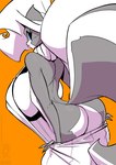 anthro bare_back big_breasts blue_eyes breasts butt clothing eyelashes female huge_breasts looking_back orange_background simple_background solo sweater tail topwear undressing conditional_dnp jollyjack chloe_sinclaire mammal mephitid skunk 2024