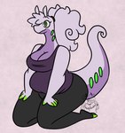 anthro breasts cleavage clothed clothing female green_eyes hair overweight overweight_anthro overweight_female ponytail pseudo_hair purple_body solo nerdyreindeer mythology nintendo pokemon dragon gastropod generation_6_pokemon goodra mollusk mythological_creature mythological_scalie pokemon_(species) scalie