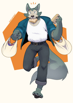 anthro athletic athletic_anthro athletic_male biped black_bottomwear black_clothing black_pants blue_body blue_clothing blue_fur blue_jacket blue_topwear bottomwear clothing eye_scar facial_scar food fur jacket male pants running sandwich_(food) scar shirt solo topwear white_clothing white_shirt white_topwear bennycartoonist beastars legoshi_(beastars) canid canine canis mammal wolf hi_res