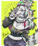 alternative_fashion anthro breasts chain_collar clothed clothing collar decora_(fashion) ear_piercing female gesture hand_gesture handpaw j-fashion paws piercing solo spiked_collar spikes v_sign michizuki canid canine canis mammal wolf