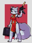 anthro breasts clothing dress female gun ranged_weapon simple_background solo standing submachine_gun suitcase weapon frigadae domestic_cat felid feline felis mammal hi_res