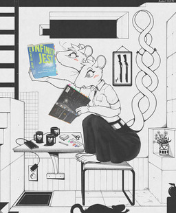 2_heads ambiguous_gender anthro apple blush book bottomwear cellphone chair clothed clothing coffee_mug duo electronics entwined_tails female feral flower food fruit fully_clothed fur furniture gun heart_symbol inside ladder multi_head notebook open_mouth outlet pen_(object) phone plant plant_pot ranged_weapon reading rifle scissors silhouette skirt smartphone solo_focus spiral spiral_pupils stairs table tail tail_coil tail_wraps tongue tongue_out weapon whiskers wraps gompami apple_inc. infinite_jest iphone the_house_of_leaves mammal murid murine rat rodent 2026 hi_res