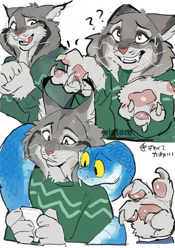 anthro blue_body blue_scales clothing duo feral fur green_body green_fur male pawpads paws scales simple_background sweater text topwear wintom disney zootopia gary_de'snake pawbert_lynxley canada_lynx felid feline lynx mammal pit_viper reptile scalie snake viper japanese_text