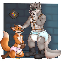 anthro bdsm bodily_fluids bondage bound clean_diaper clothed clothing diaper diapered_dominant dominant duo gag genital_fluids hands_tied harness headpat kneeling male male/male pacifier pacifier_gag smoking submissive submissive_male unclean_diaper urine used_diaper wearing_diaper wet_diaper wetting pukaa canid canine canis fox mammal wolf 1:1 absurd_res hi_res