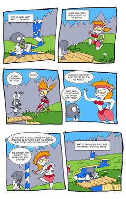 anthro breasts duo female grey_body hair male orange_hair outside simple_background speech_bubble text white_body agouti-rex bovid caprine gargoyle goat mammal 2015 comic english_text hi_res
