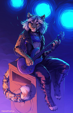 4_toes 5_fingers ambiguous_gender anthro bass_guitar eyebrows eyelashes feet fingers fur guitar hair markings musical_instrument orange_body orange_eyes orange_fur plucked_string_instrument solo spots spotted_body spotted_fur string_instrument toes white_hair neotheta cheetah felid feline mammal 2020 digital_media_(artwork) hi_res