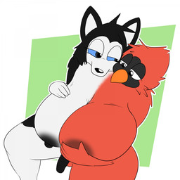 2_heads 5_fingers anthro balls beak big_breasts black_hair black_nipples black_nose black_penis breasts conjoined fingers fur genitals grey_eyes gynomorph hair hand_on_breast huge_breasts intersex mismatched_nipples multi_head multicolored_body nipples non-mammal_balls non-mammal_nipples orange_beak overweight overweight_anthro overweight_gynomorph overweight_intersex penis red_balls red_nipples sitting solo skewedl0gic avian bird canid canine canis cardinal_(bird) domestic_dog husky mammal nordic_sled_dog oscine passerine spitz 1:1 hi_res