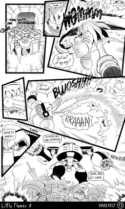 anthro attack attacked breath_powers bullet chain_necklace clothing dialogue electronics elemental_manipulation fight fire fire_breathing fire_manipulation footwear gloves group gun handwear headphones jewelry machine machine_gun male necklace punch ranged_weapon shoes speech_bubble text weapon krazyelf sega sonic_the_hedgehog_(series) e-123_omega knuckles_the_echidna vector_the_crocodile badnik crocodile crocodilian e-series echidna egg_pawn mammal monotreme reptile robot scalie 3:5 absurd_res black_and_white comic english_text hi_res monochrome
