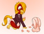 anthro beak blazer card clean_diaper clothed clothing diaper feathers hair long_hair long_tail necktie pattern_diaper plushie red_body red_feathers school_uniform tail uniform wearing_diaper yellow_beak yellow_body yellow_feathers young young_anthro 19itsme87 glori_gamebird avian bird chrysolophus galliform golden_pheasant lagomorph leporid mammal phasianid rabbit absurd_res hi_res