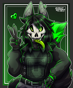 anthro belt black_body black_fur black_hair bone bottomwear claws clothing ear_piercing ear_ring electronics female fluffy fluffy_tail fur fuzzy gesture glowing glowing_eyes green_claws hair hand_gesture heart_symbol jacket jewelry long_tongue looking_at_viewer one_eye_closed open_mouth paws phone piercing ring ring_piercing skull skull_head solo tail teeth tongue tongue_out topwear v_sign wink winking_at_viewer scarlet_euphoria scp_foundation vtuber youtube mal mal0_v2.0 malo_v2.0 scp-1471-a canid canine canis malo malo_2.0 mammal monster wolf 5:6 hi_res