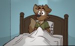 anthro bed canid canine canis clothing domestic_dog furniture green_clothing green_shirt green_topwear male mammal matt_riskely pillow shirt solo tinydeerguy topwear