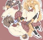 anthro black_nose blonde_hair bottomwear brown_body brown_eyes brown_fur brown_hair clothed clothing female footwear fur group hair kemono legwear long_ears long_hair looking_at_viewer milk multicolored_body multicolored_fur nails open_mouth pawpads pink_ribbon ribbons school_uniform shoes short_hair simple_background skirt socks sweater topwear two_tone_body two_tone_fur uniform white_body white_fur kikurage inukoro_(kikurage) koriyama_meiko kuroshiba_nagomi kusuda_korone canid canine canis domestic_dog mammal digital_media_(artwork)