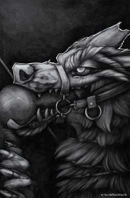 anthro bdsm bondage bound deep_throat dominant dominant_anthro dominant_male duo fangs fellatio female fur genitals half-closed_eyes hand_on_leg hand_on_thigh knot knot_lick knotted_penis leash licking looking_pleasured male male/female muzzle_(object) narrowed_eyes offscreen_character oral oral_penetration penetration penile penis rope sex simple_background snout submissive submissive_anthro submissive_female teeth tongue tongue_out torn_ear ravenmadwolf canid canine canis mammal wolf greyscale headshot_portrait hi_res monochrome portrait signature traditional_media_(artwork)
