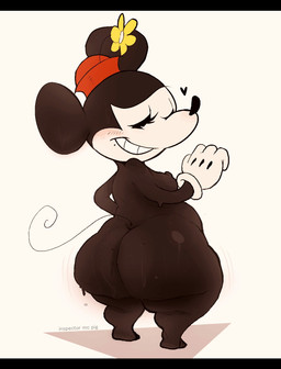 anthro belly big_butt black_bars black_body blush breasts butt clothing female gloves handwear hat hat_flower headgear headwear heart_symbol huge_butt looking_at_viewer nipples one_eye_closed overweight overweight_anthro overweight_female smile solo tail thick_thighs white_clothing white_gloves white_handwear wide_hips wink inspectormcpig disney minnie_mouse mammal mouse murid murine rodent hi_res letterbox signature