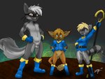 animal_genitalia anthro balls belt big_ears blonde_hair blue_eyes boots bottomless bottomless_female bottomless_male clothed clothing cosplay ear_tuft facial_markings female footwear fully_sheathed fur genitals gloves grey_body grey_fur grey_hair group hair handwear head_markings holding_object holding_staff male markings mask mask_(marking) pussy sheath shoes smile staff standing tail tail_tuft topwear trio tuft white_body white_fur zephyrpanthur sly_cooper_(series) sony_corporation sony_interactive_entertainment sucker_punch_productions sly_cooper canid canine canis felid feline fennec_fox fox hybrid mammal procyonid raccoon true_fox wolf 4:3 hi_res
