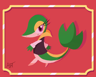 3_fingers anthro biped border clothed clothing eyelashes female fingers green_body green_skin green_tail long_tail looking_at_viewer purple_eyes red_background simple_background solo standing tail text yellow_border fulgito_ast nintendo pokemon vinivy_(fulgito) generation_5_pokemon pokemon_(species) snivy 2025 artist_name hi_res