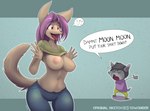 2015 :d angry anthro big_breasts bottomwear breasts brown_body brown_fur canid canine canis chibi clothed clothing clothing_lift duo eyes_closed female flashing fur hair happy littlenapoleon mammal meme moon_moon navel nipples open_mouth orange_eyes pants pink_hair purple_hair shirt shirt_lift simple_background smile tgwonder tongue tongue_out topwear wide_hips wolf yellow_eyes