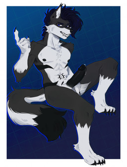 abs anthro aroused balls big_penis black_body black_fur black_nipples black_nose black_penis blue_eyes blue_hair bodily_fluids dripping ear_piercing fangs fur fur_markings genital_fluids genitals hair leaking_precum looking_at_viewer male markings nipples pattern_background penis piercing precum simple_background solo tattoo teasing teasing_viewer teeth white_balls white_body white_fur nannayke spike_miller canid canine canis mammal wolf digital_media_(artwork) hi_res