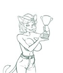 anthro award belt big_breasts bottomwear breast_squish breasts clothed clothing female fur hair hat headgear headwear looking_at_viewer nipples pants shirtless simple_background smile solo squish text topless trophy callmewritefag cyberconnect2 fuga:_melodies_of_steel little_tail_bronx cannelle_muscat domestic_cat felid feline felineko felis mammal 2022 digital_drawing_(artwork) digital_media_(artwork) english_text hi_res monochrome sketch