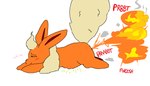 ambiguous_gender blush butt elemental_manipulation eyes_closed fart feral fire fire_fart fire_manipulation fur head_tuft lying lying_on_ground on_front on_ground raised_tail red_body red_fur ruff rumbling_stomach simple_background smoke solo sound_effects tail tan_body tan_fur text tuft whining white_background theonetruesinner nintendo pokemon eeveelution flareon generation_1_pokemon pokemon_(species)