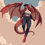 2_horns anthro barefoot belt big_breasts bottomwear breasts brown_clothing brown_jacket brown_topwear clothed clothed_anthro clothed_female clothing cloud day denim denim_bottomwear denim_clothing feet female female_anthro fingers flying front_view hair hat headgear headwear horn jacket jeans low-angle_view membrane_(anatomy) membranous_wings midair mouth_closed non-mammal_breasts outside pants red_body red_eyes red_hair red_scales red_skin red_tail red_wings scales shirt sky solo spiked_tail spikes spikes_(anatomy) tail toes topwear white_clothing white_shirt white_topwear wings cloakofwit european_mythology mythology dragon mythological_creature mythological_scalie scalie western_dragon 1:1 2025 digital_media_(artwork) full-length_portrait pixel_(artwork) portrait