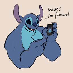anthro anthrofied big_muscles blue_body blue_claws blue_fur blue_nose cellphone chest_tuft claws dialogue electronics fur gesture hand_gesture head_tuft holding_cellphone holding_object holding_phone holding_smartphone male meta muscular muscular_anthro muscular_male notched_ear open_mouth open_smile phone pointing purple_inner_ear simple_background smartphone smile solo text tuft vitreo disney lilo_and_stitch stitch_(lilo_and_stitch) alien experiment_(lilo_and_stitch) 2021 colored_sketch english_text hi_res sketch