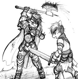 anthro armor axe duo female male melee_weapon sword weapon replica_(artist) hasbro my_little_pony fan_character replica_(oc) equid equine horse mammal pony 2017 hi_res monochrome sketch