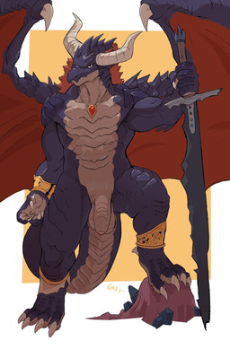 4_toes 5_fingers anthro balls claws digitigrade feet fingers flaccid foreskin genitals hair holding_object holding_weapon horn humanoid_genitalia humanoid_penis jewelry looking_at_viewer male melee_weapon muscular muscular_anthro muscular_male necklace nude partially_retracted_foreskin penis simple_background solo sword tail toe_claws toes weapon wings negy european_mythology mythology dragon mythological_creature mythological_scalie reptile scalie western_dragon hi_res