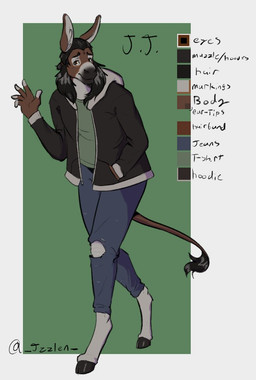 anthro barefoot black_clothing black_hair black_jacket black_topwear bottomwear brown_body brown_bottomwear brown_clothing brown_ears brown_eyes brown_fur brown_pants brown_tail clothed clothing feet fur green_clothing green_topwear grey_body grey_fur hair hooves jacket long_hair male male_anthro mouth_closed open_clothing open_jacket open_topwear pants solo standing tail tail_tuft topwear torn_bottomwear torn_clothing torn_pants tuft jezzlen chuy_(jezzlen) asinus donkey equid equine mammal model_sheet