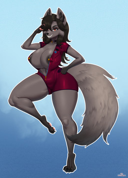anthro areola areola_slip barbell_piercing big_breasts black_areola black_body black_fur black_hair black_nose bodysuit breasts cheek_tuft choker claws clothed clothing eyebrows eyelashes eyeshadow facial_tuft female fluffy fluffy_tail fur gesture gold_(metal) gradient_fur grey_body grey_fur hair hair_over_eye huge_breasts inner_ear_fluff jewelry logo long_hair makeup multicolored_body multicolored_fur navel necklace nipple_piercing nipples open_clothing open_zipper partially_clothed pawpads piercing raised_leg red_eyes salute sharp_teeth simple_background skinsuit smile solo tail teeth text thick_thighs tight_clothing toe_claws tuft unzipped unzipped_bodysuit zipper zipper_bodysuit wolfmask lily_zerda-black_(therealnarrowjungle) canid canine fennec_fox fox mammal true_fox absurd_res artist_logo artist_name hi_res