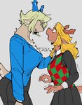 age_difference anthro antlers biped black_bottomwear black_clothing black_nose black_outline black_skirt blazer blonde_hair blue_antlers blue_clothing blue_eyes blue_jacket blue_lips blue_lipstick blue_topwear bodily_fluids bottomwear breasts chest_tuft clothing ears_back emanata eye_contact eyebrow_through_hair eyebrows eyelashes female flannel_shirt freckles frown fur gem green_clothing green_shirt green_topwear hair hand_on_shoulder horn jacket jewelry lips lipstick looking_at_another looking_down looking_up makeup mature_female neck_tuft necklace nervous open_mouth outline pearl_(gem) pearl_necklace pivoted_ears red_clothing red_shirt red_topwear scowl scut_tail shaking shirt short_tail simple_background size_difference skirt snout solo sprite sweat sweatdrop tail tan_body tan_face tan_fur tan_hands tan_head tan_inner_ear tan_tail teeth tongue topwear touching_shoulder translucent translucent_hair tuft white_background white_clothing white_shirt white_topwear suda deltarune undertale_(series) carol_holiday noelle_holiday cervine deer mammal new_world_deer reindeer 2025 colored hi_res shaded signature daughter_(lore) mother_(lore) mother_and_child_(lore) mother_and_daughter_(lore) parent_(lore) parent_and_child_(lore) parent_and_daughter_(lore)