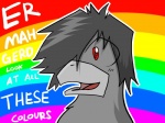 ambiguous_gender anthro grey_hair hair rainbow rainbow_background red_eyes simple_background solo arrwulf avian bird 4:3 reaction_image