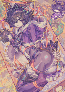 accessory annoyed anthro antler_accessory arms_tied athletic athletic_male bell belly belt belt_around_leg belt_around_thigh big_butt black_hair bodily_fluids bound bow_tie box bubble_butt butt chibi christmas_clothing christmas_decorations christmas_tree claws clothing container doll ears_up gift gift_bow gift_box gift_wrapped gift_wrapping glistening glistening_butt hair hair_over_eye hands_tied holidays holly_(plant) legs_tied legwear male navel pawpads paws pin_accessory pin_button plant reindeer_antlers solo suggestive_pose sweat sweaty_butt thick_thighs thigh_highs tree magic_dream00 christmas canid canine canis mammal wolf absurd_res hi_res